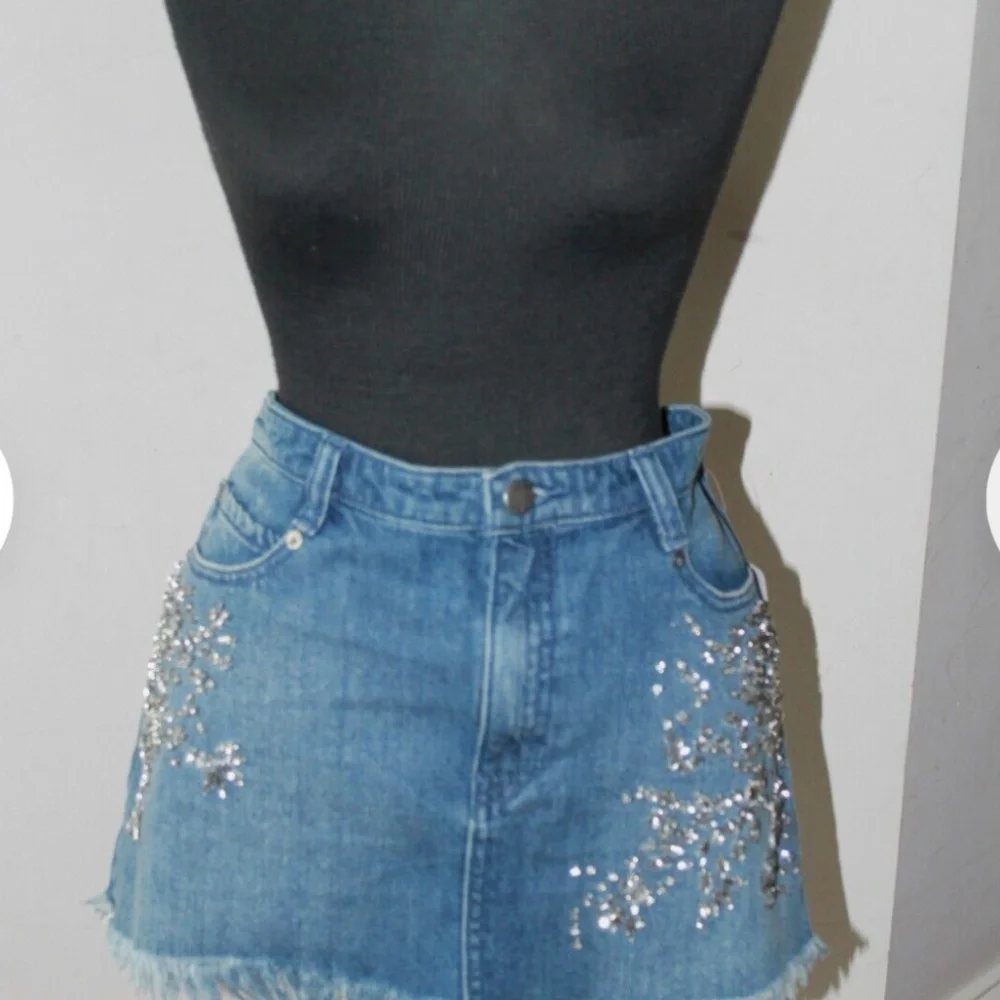NWT Free People 4 Denim Jean Mini Skirt Embellished Stones Cotton (4)
